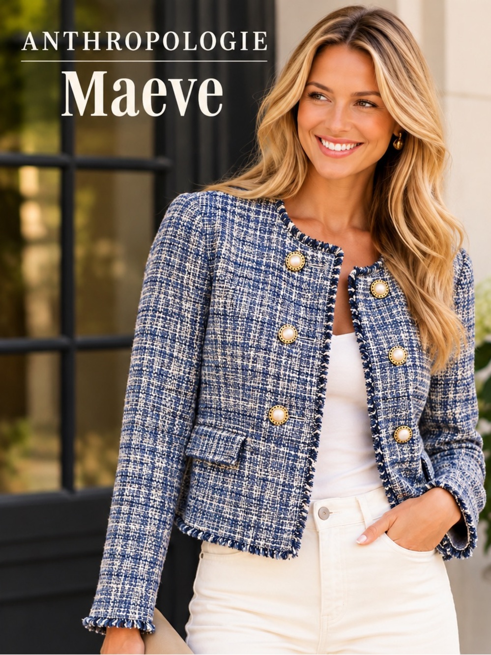 Anthropologie Maeve Blue & White Tweed Pearl Button Jacket NWOT